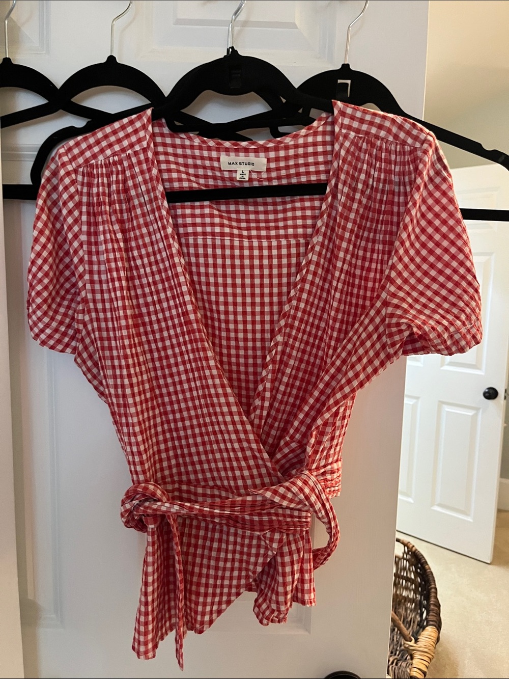 Madewell Red & White Gingham Wrap Blouse